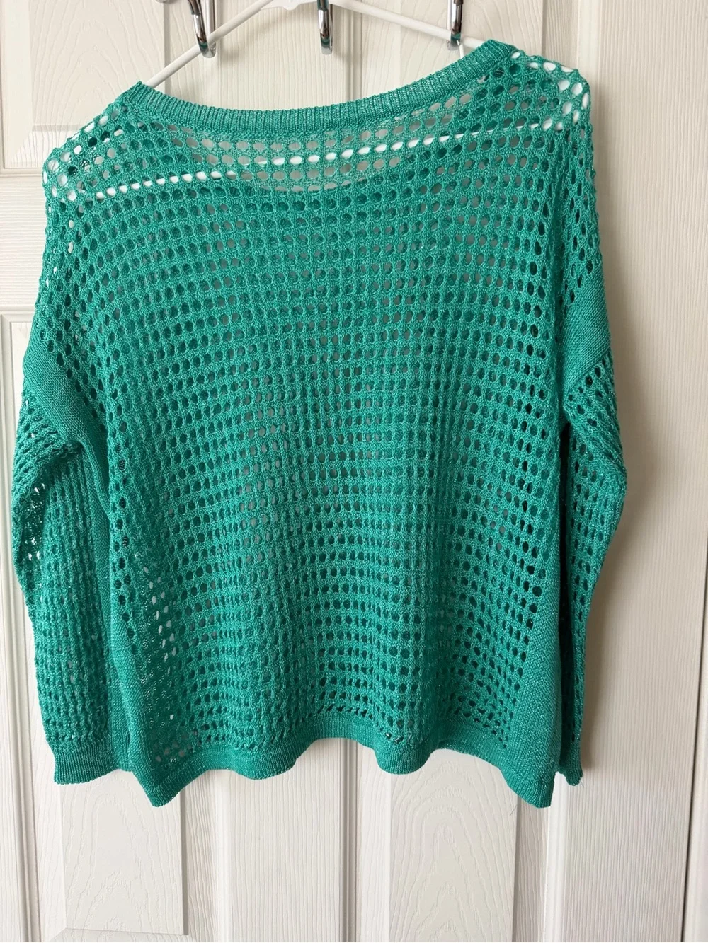 Open-Knit Button-Trim Crewneck Sweater in Teal